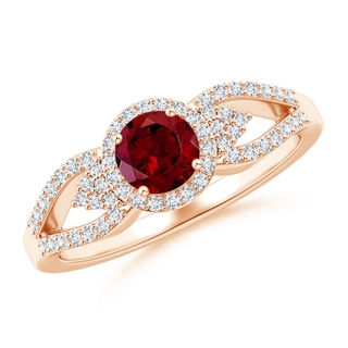 5mm AAA Split Shank Round Garnet Halo Ring with Clustre Diamonds in Rose Gold