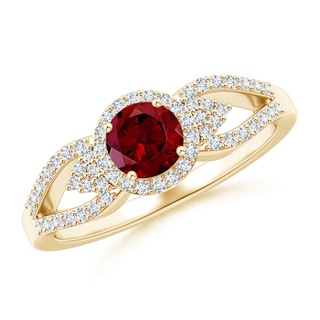 5mm AAA Split Shank Round Garnet Halo Ring with Clustre Diamonds in Yellow Gold