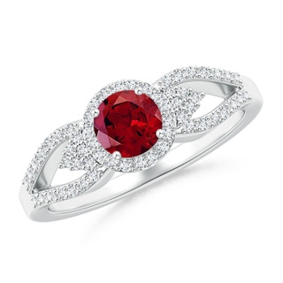 5mm AAAA Split Shank Round Garnet Halo Ring with Clustre Diamonds in White Gold