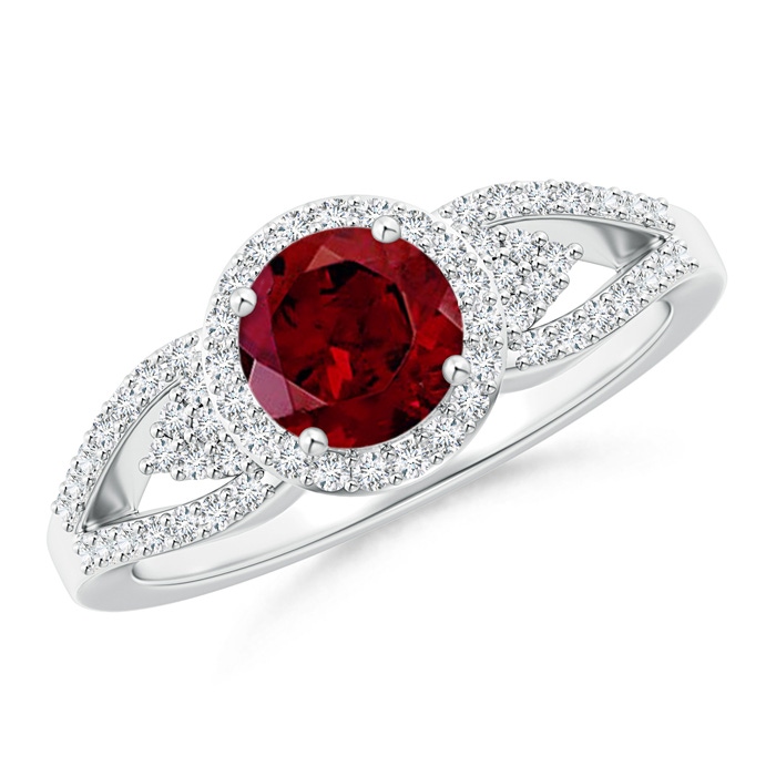 6mm AAA Split Shank Round Garnet Halo Ring with Clustre Diamonds in White Gold