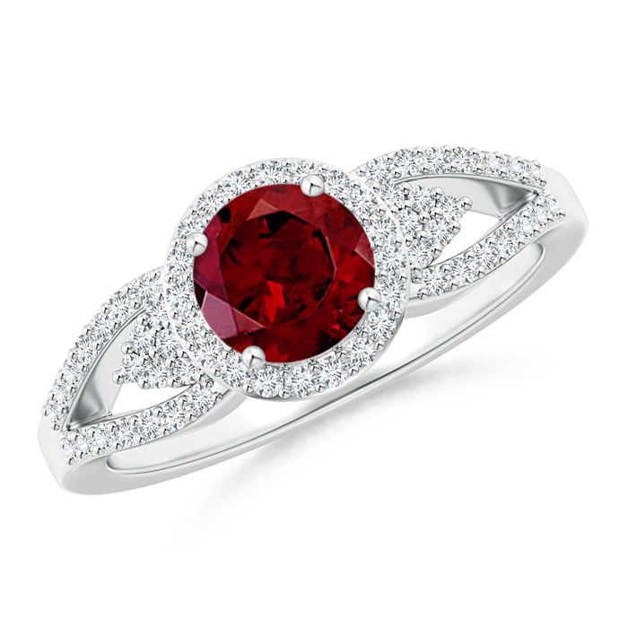 6mm AAA Split Shank Round Garnet Halo Ring with Clustre Diamonds in White Gold 