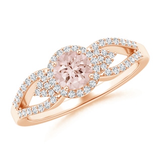 5mm AA Split Shank Round Morganite Halo Ring with Clustre Diamonds in 10K Rose Gold