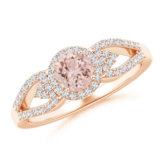 5mm AAA Split Shank Round Morganite Halo Ring with Clustre Diamonds in 10K Rose Gold