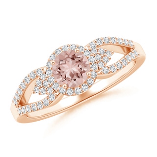 5mm AAAA Split Shank Round Morganite Halo Ring with Clustre Diamonds in 9K Rose Gold