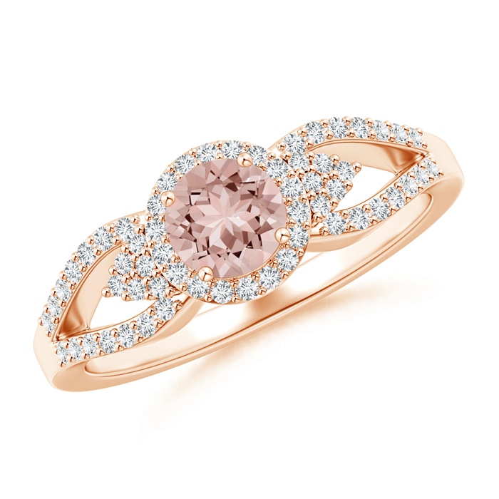 5mm AAAA Split Shank Round Morganite Halo Ring with Clustre Diamonds in Rose Gold