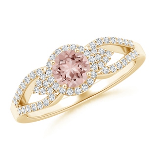 5mm AAAA Split Shank Round Morganite Halo Ring with Clustre Diamonds in Yellow Gold