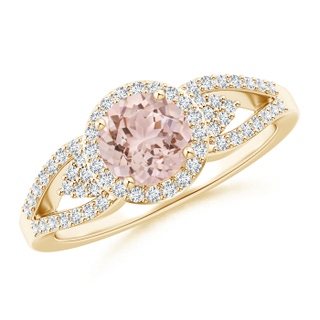 6mm AAA Split Shank Round Morganite Halo Ring with Clustre Diamonds in Yellow Gold