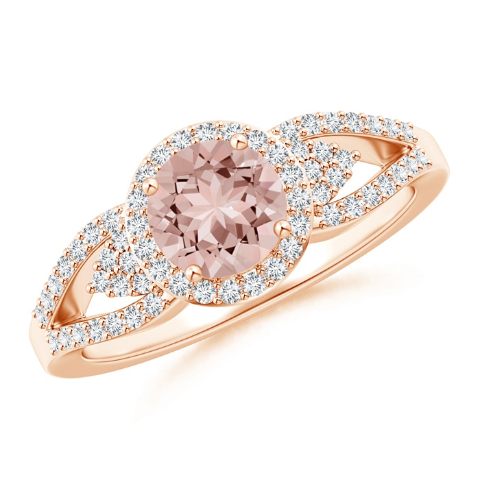 6mm AAAA Split Shank Round Morganite Halo Ring with Clustre Diamonds in Rose Gold