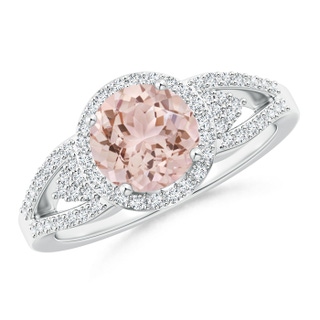 7mm AAA Split Shank Round Morganite Halo Ring with Cluster Diamonds in White Gold
