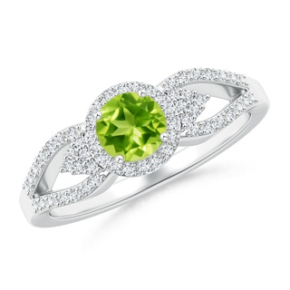 5mm AAA Split Shank Round Peridot Halo Ring with Clustre Diamonds in White Gold