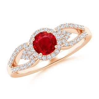 5mm AAA Split Shank Round Ruby Halo Ring with Clustre Diamonds in Rose Gold