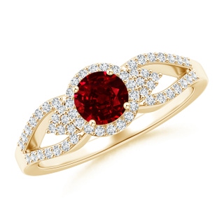 5mm AAAA Split Shank Round Ruby Halo Ring with Clustre Diamonds in Yellow Gold