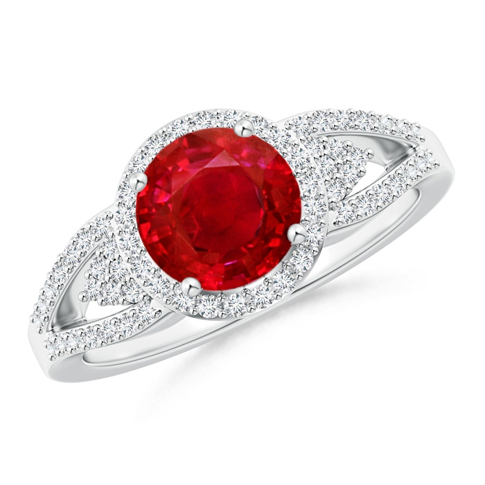 7mm AAA Split Shank Round Ruby Halo Ring with Clustre Diamonds in White Gold 