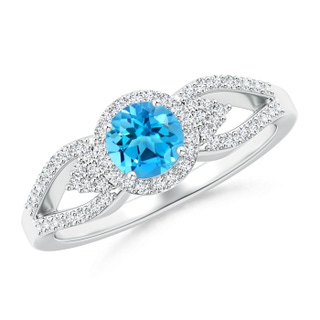 5mm AAAA Split Shank Swiss Blue Topaz Halo Ring with Clustre Diamonds in White Gold