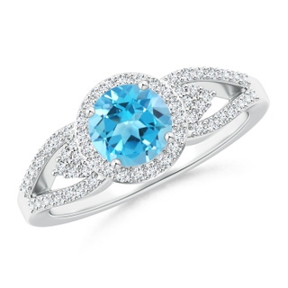 6mm AAA Split Shank Swiss Blue Topaz Halo Ring with Clustre Diamonds in White Gold