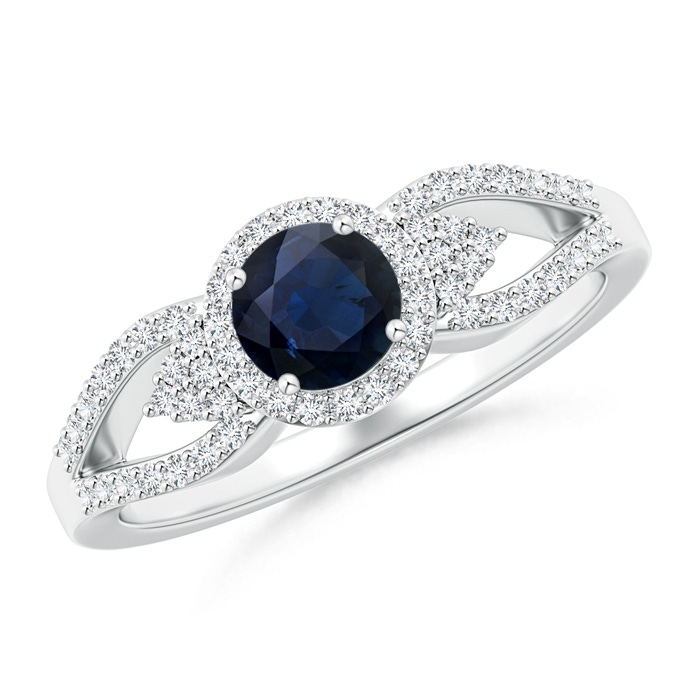 5mm A Split Shank Round Sapphire Halo Ring with Cluster Diamonds in White Gold 