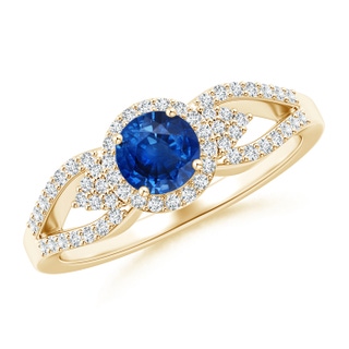 5mm AAA Split Shank Round Sapphire Halo Ring with Clustre Diamonds in 9K Yellow Gold