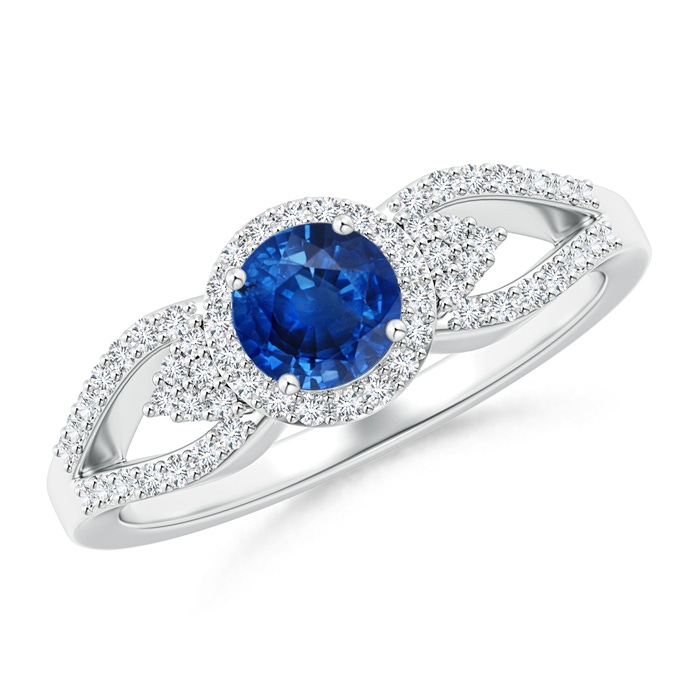 5mm AAA Split Shank Round Sapphire Halo Ring with Clustre Diamonds in White Gold 