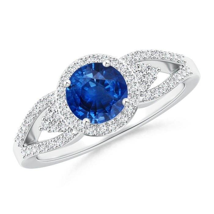 6mm AAA Split Shank Round Sapphire Halo Ring with Cluster Diamonds in P950 Platinum 