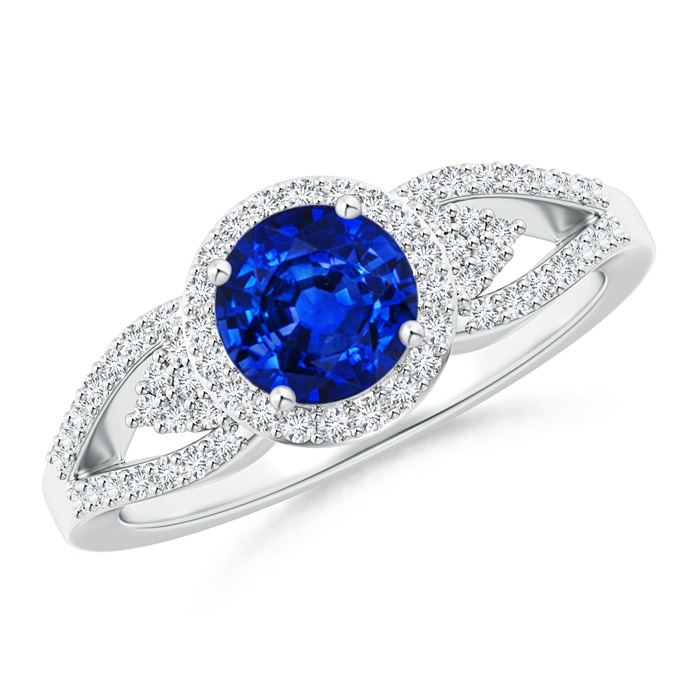 6mm AAAA Split Shank Round Sapphire Halo Ring with Cluster Diamonds in P950 Platinum 