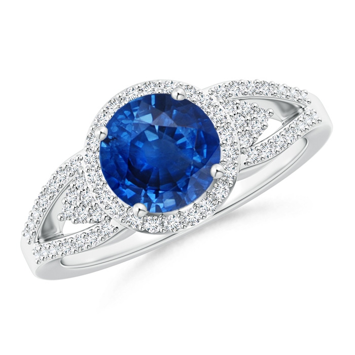 7mm AAA Split Shank Round Sapphire Halo Ring with Clustre Diamonds in White Gold 