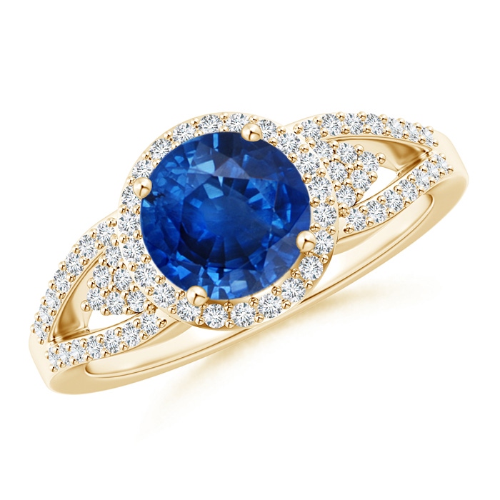 7mm AAA Split Shank Round Sapphire Halo Ring with Cluster Diamonds in Yellow Gold 