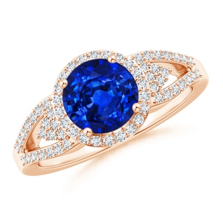 7mm AAAA Split Shank Round Sapphire Halo Ring with Clustre Diamonds in Rose Gold