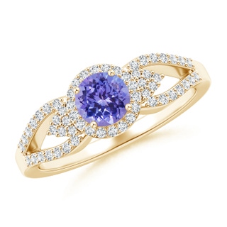 5mm AAA Split Shank Round Tanzanite Halo Ring with Clustre Diamonds in 9K Yellow Gold