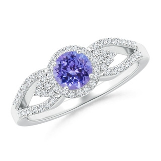 5mm AAA Split Shank Round Tanzanite Halo Ring with Clustre Diamonds in White Gold