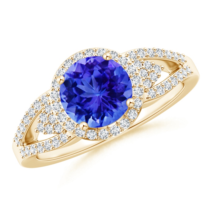 7mm AAA Split Shank Round Tanzanite Halo Ring with Cluster Diamonds in Yellow Gold