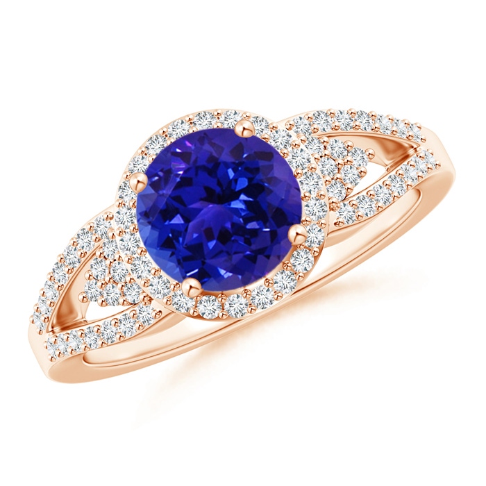 7mm AAAA Split Shank Round Tanzanite Halo Ring with Clustre Diamonds in Rose Gold 