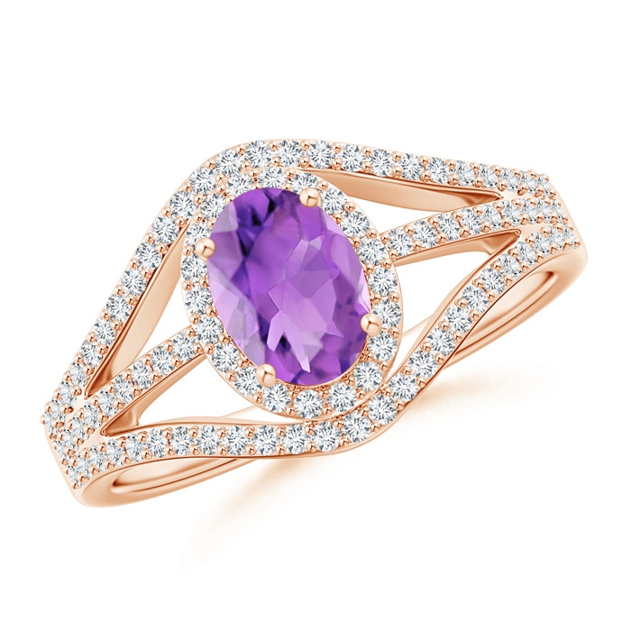 7x5mm AA Triple Shank Oval Amethyst and Diamond Halo Ring in Rose Gold 