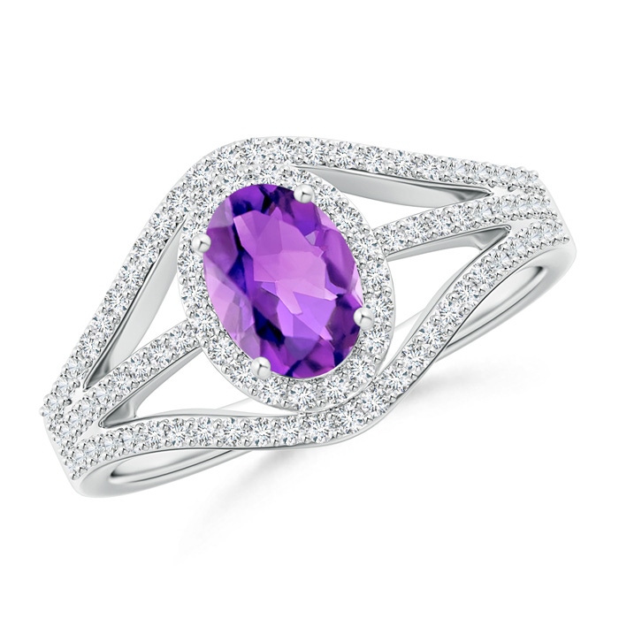 7x5mm AAA Triple Shank Oval Amethyst and Diamond Halo Ring in White Gold