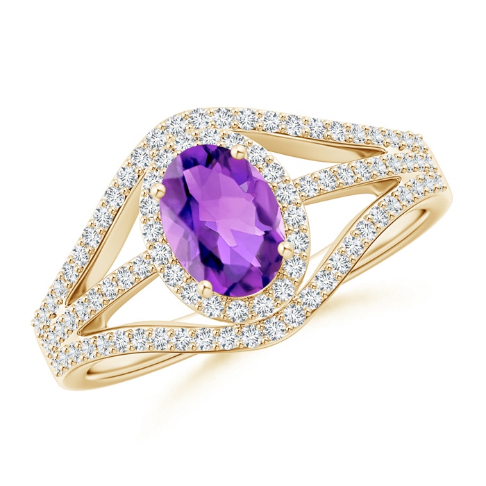 7x5mm AAA Triple Shank Oval Amethyst and Diamond Halo Ring in Yellow Gold 