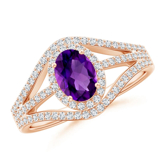 7x5mm AAAA Triple Shank Oval Amethyst and Diamond Halo Ring in Rose Gold 
