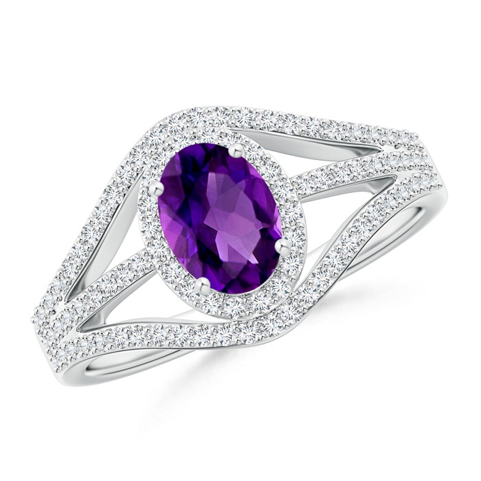 7x5mm AAAA Triple Shank Oval Amethyst and Diamond Halo Ring in White Gold 