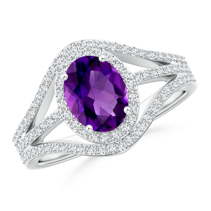 8x6mm AAAA Triple Shank Oval Amethyst and Diamond Halo Ring in White Gold 