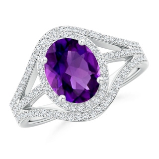 9x7mm AAAA Triple Shank Oval Amethyst and Diamond Halo Ring in P950 Platinum
