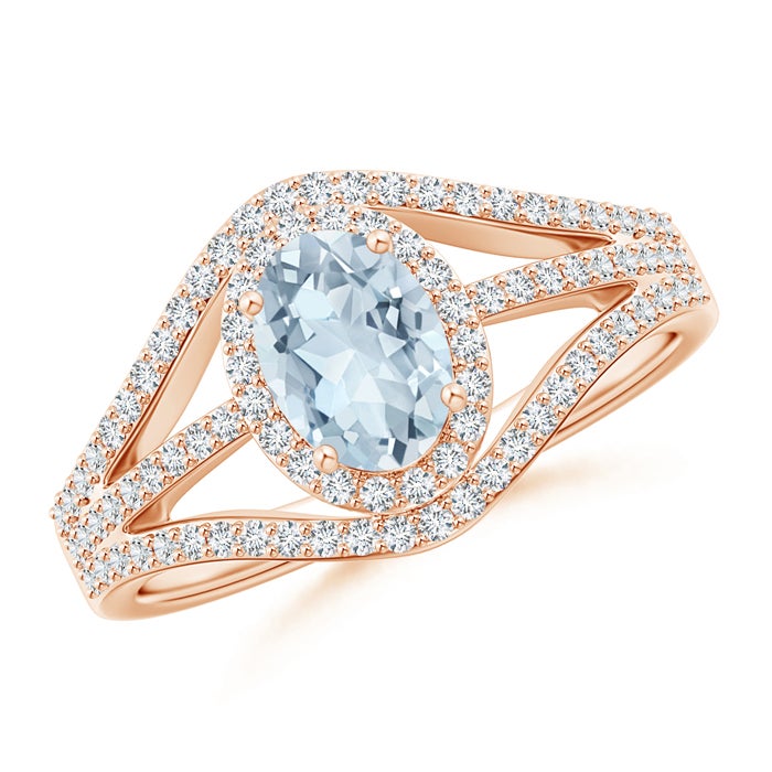 Triple Shank Oval Aquamarine and Diamond Halo Ring