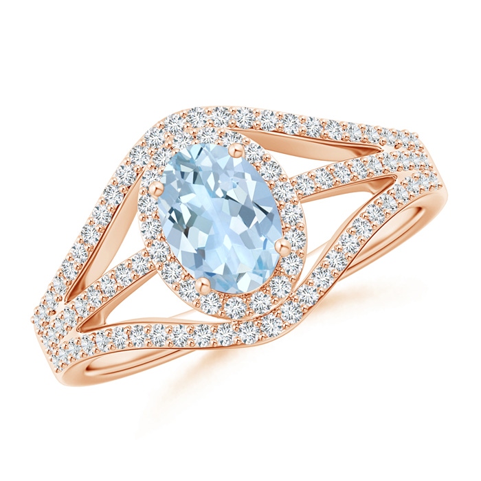 7x5mm AA Triple Shank Oval Aquamarine and Diamond Halo Ring in Rose Gold 