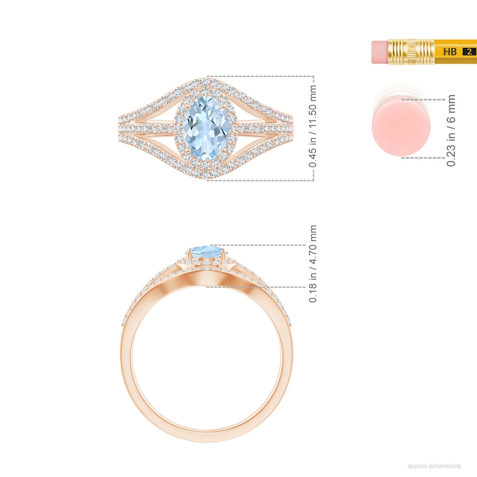 7x5mm AA Triple Shank Oval Aquamarine and Diamond Halo Ring in Rose Gold ruler