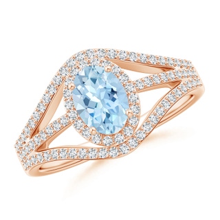 7x5mm AAA Triple Shank Oval Aquamarine and Diamond Halo Ring in 9K Rose Gold