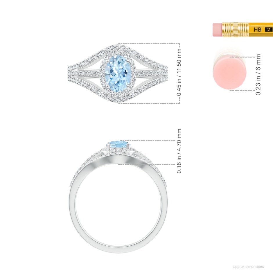 7x5mm AAA Triple Shank Oval Aquamarine and Diamond Halo Ring in White Gold ruler