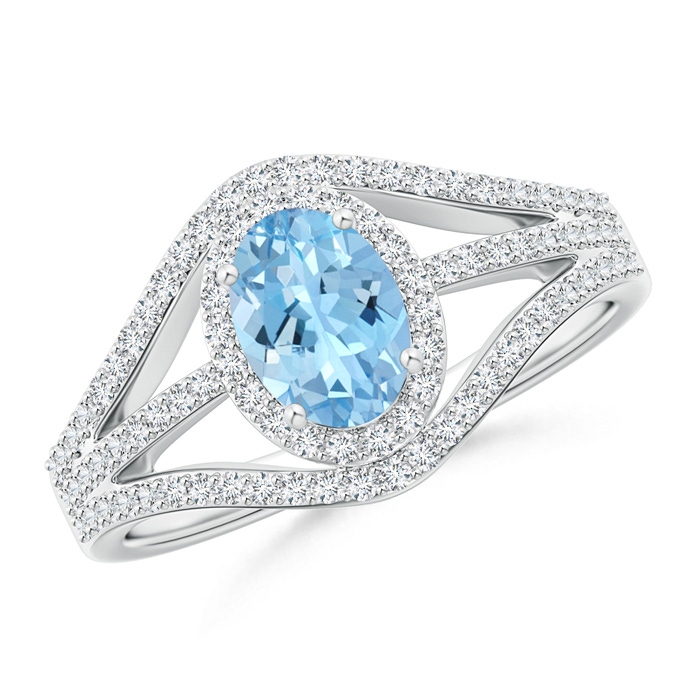 7x5mm AAAA Triple Shank Oval Aquamarine and Diamond Halo Ring in P950 Platinum 