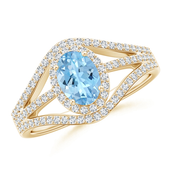 7x5mm AAAA Triple Shank Oval Aquamarine and Diamond Halo Ring in Yellow Gold 