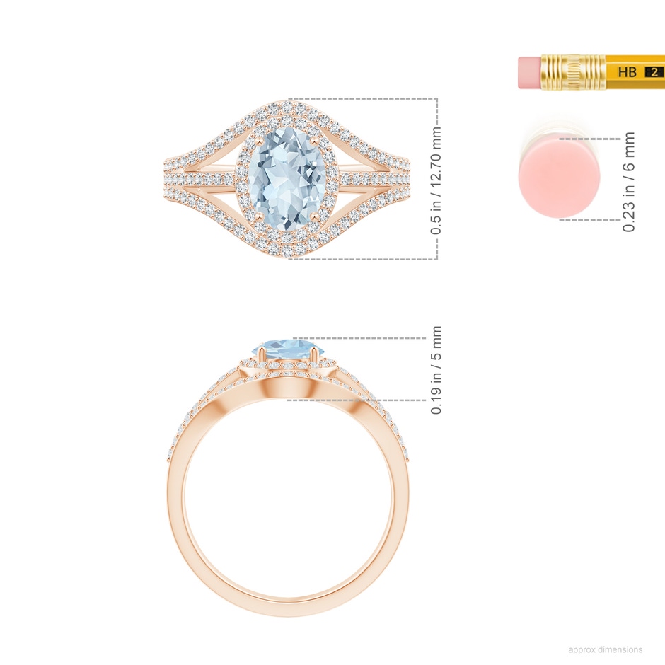 8x6mm A Triple Shank Oval Aquamarine and Diamond Halo Ring in Rose Gold ruler