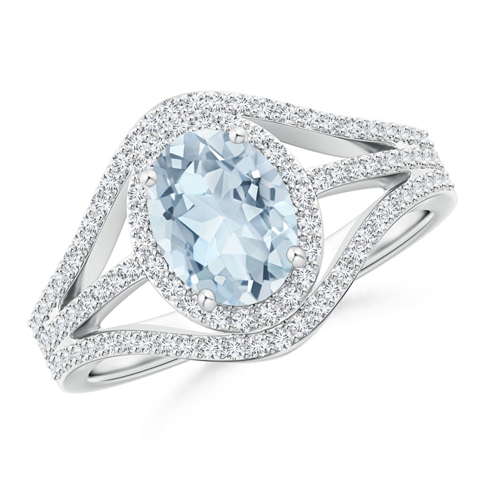 8x6mm A Triple Shank Oval Aquamarine and Diamond Halo Ring in White Gold 