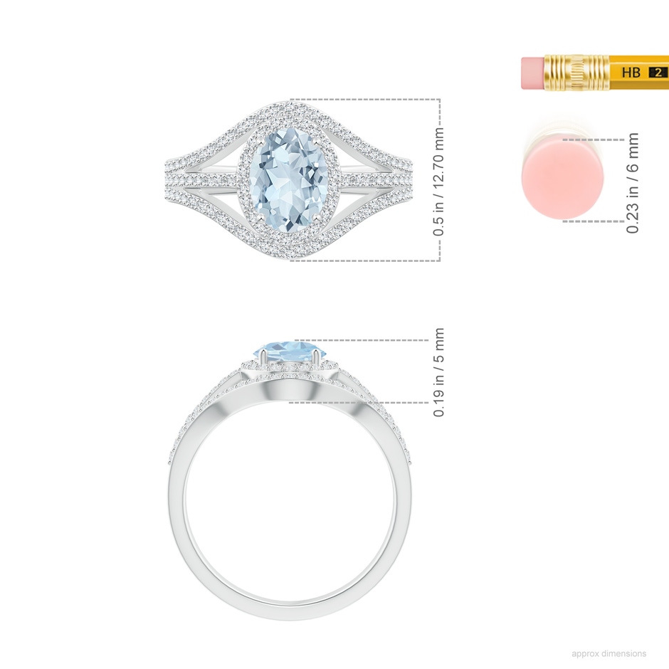 8x6mm A Triple Shank Oval Aquamarine and Diamond Halo Ring in White Gold ruler