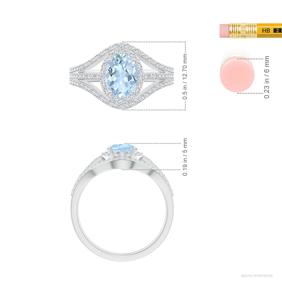 8x6mm AA Triple Shank Oval Aquamarine and Diamond Halo Ring in White Gold ruler