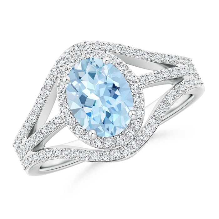 8x6mm AAA Triple Shank Oval Aquamarine and Diamond Halo Ring in 18K White Gold 